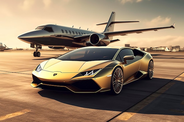 Superauto en privéjet op landingsbaan Business class-service op de luchthaven Business class-transfer Luchthavenshuttle AI Genative