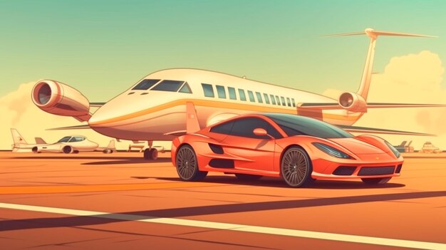 Superauto en privéjet op landingsbaan Businessclass-service op de luchthaven Businessclass-transfer Luchthavenshuttle Generatieve AI-illustrator