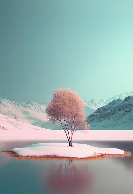 Superb minimalism tree on landscape winter in pastel color Created with Generative AI technology