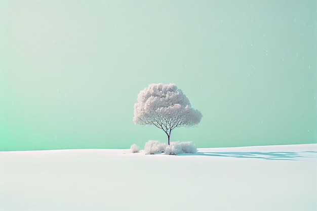 Великолепное минималистичное дерево на зимнем пейзаже в пастельных тонах. Создано с помощью технологии генеративного искусственного интеллекта.