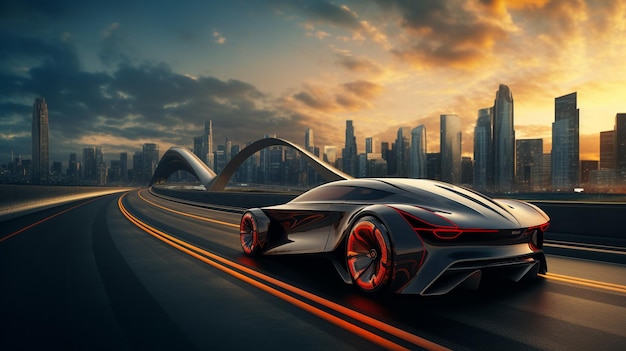 Supercar driving through a futuristic city