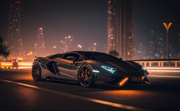 supercar with city light at night photo