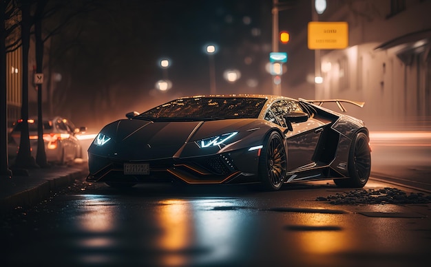 supercar with city light at night photo