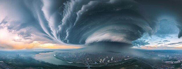 Суперцеллярный шторм над городским горизонтом в сумерках