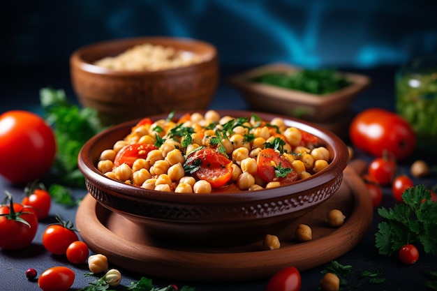 Superclose of spoon with chickpeas with leaves olives and tomatoes in a blue bowl on the table