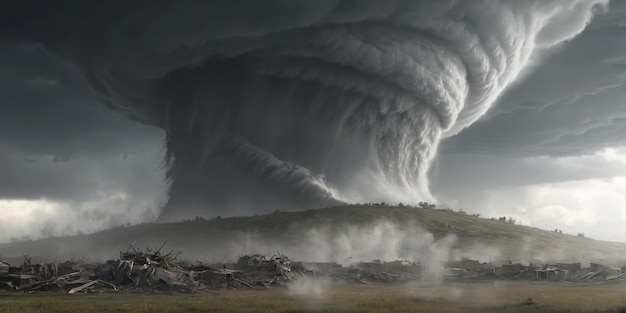 Supercycloon die vernietiging vormt over een bewoond landschap