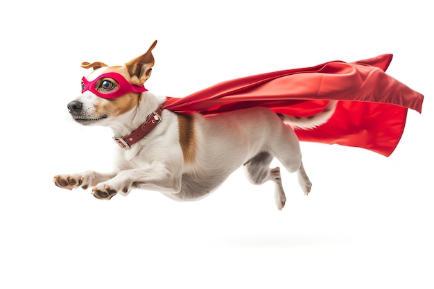 Superdog met rode cape op witte achtergrond gegenereerd door AI