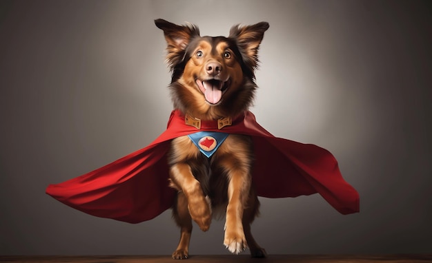 Foto superdog con mantello rosso eroe cane generatve ai