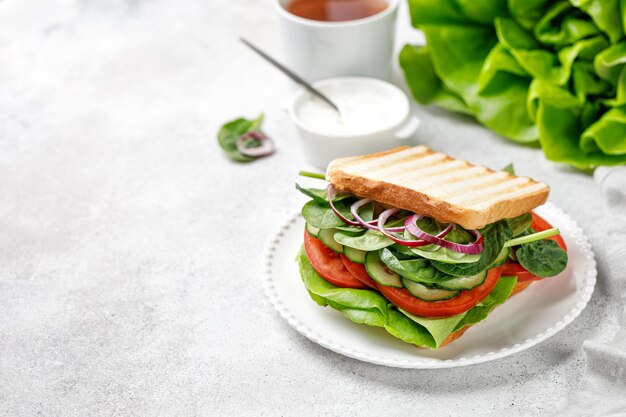 Superfood organic sandwich with vegetables on grilled bread on white plate Copy space