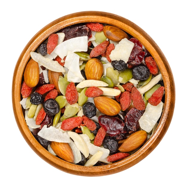 Superfood snacking mix in wooden bowl