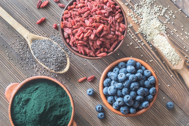 Superfoods on the wooden table