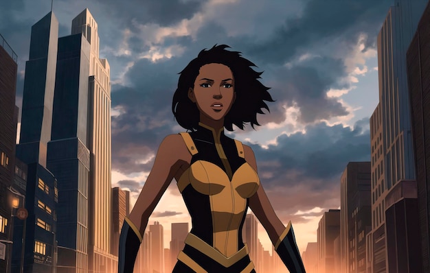 Superhero afro american woman in a city at night