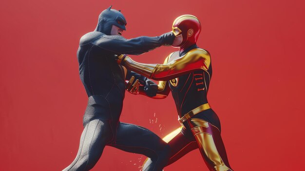 Photo a superhero in a black suit is fighting another superhero in a gold suit the background is red