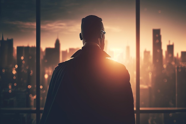 Superhero businessman looking at city skyline at sunset Illustration Generative AI