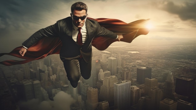 赤いマントを着たスーパーヒーローの実業家が街の上空を飛ぶ
