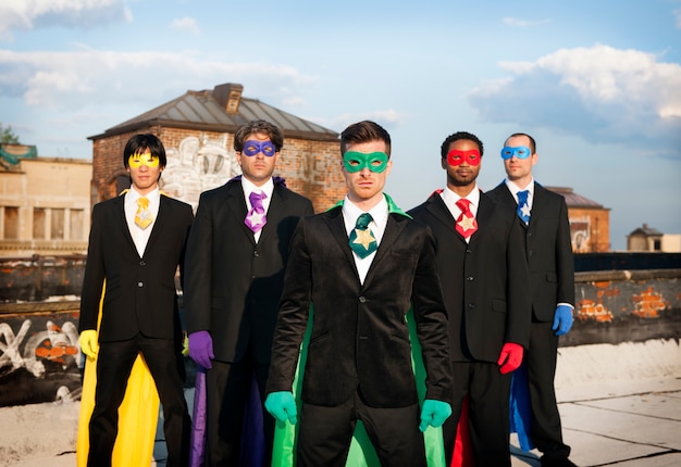 Photo superhero businessmen cityscape team concept