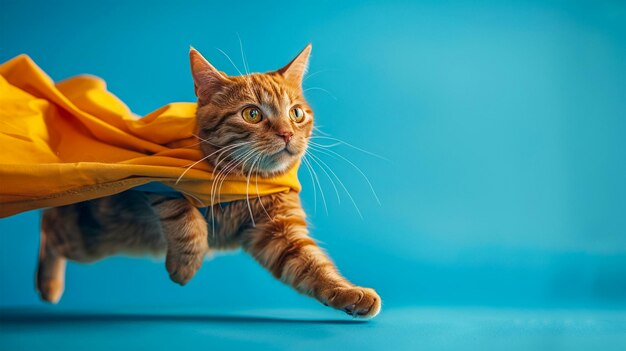 A superhero cat in a costume rushes to the rescue on a blue background