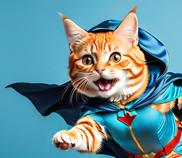 Photo superhero cat cute orange tabby kitty with a blue cloak and mask jumping and flying on light blue