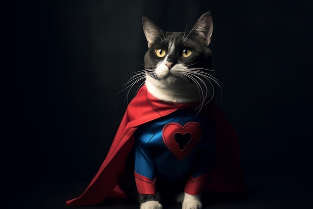 Photo a superhero cat in a suit with a red cape on dark background