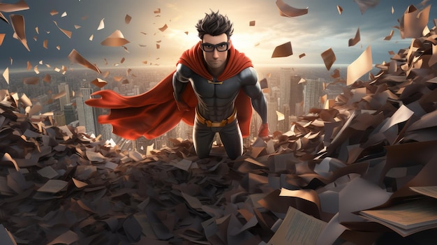 A superhero character with a cape made of pages