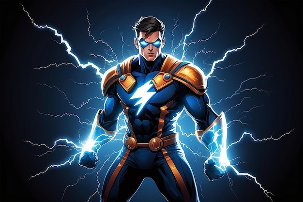 Superhero electrically charged by thunder strike vector illustration of powering up