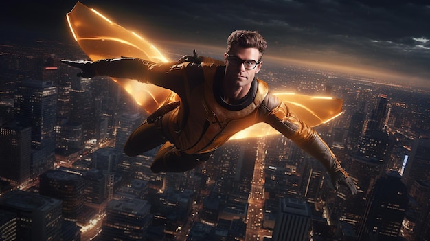 Photo superhero flying in the sky with costume and cape action movie blockbuster shot