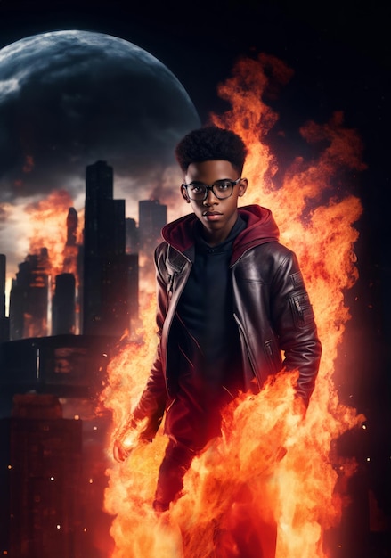 Photo superhero geek teenage black boy wearing hoodie and glasses standing in fire and looking at camera epic superheroic comic book poster or action movie scene copy space ai generated