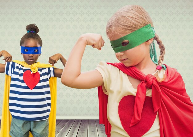 Superhero girl kids with blank room background