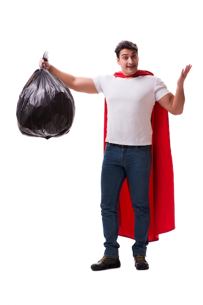 Superhero man with garbage sack isolated