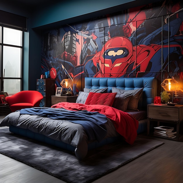 スーパーヒーローの部屋 少年とスーパーヒーロのポスター アクションフィギュア イラスト トレンドの背景装飾