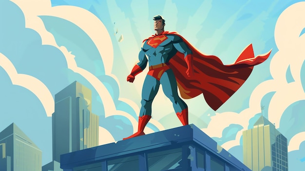 Photo a superhero stands on a rooftop looking out over the city he is wearing a blue and red costume and a red cape