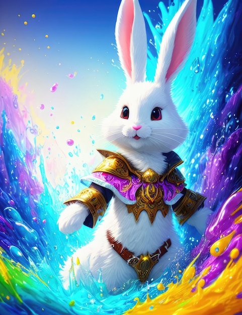 Superhero water bunny against background of colorful splash Generative AI Easter Bunny