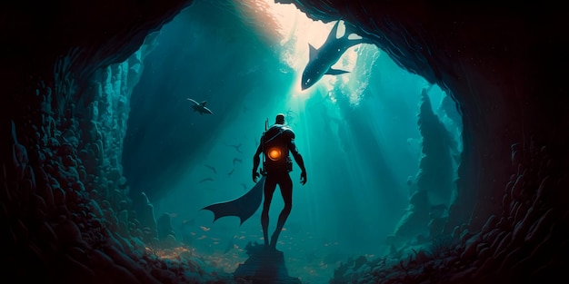 A superhero who has his own underwater caveGenerative AI