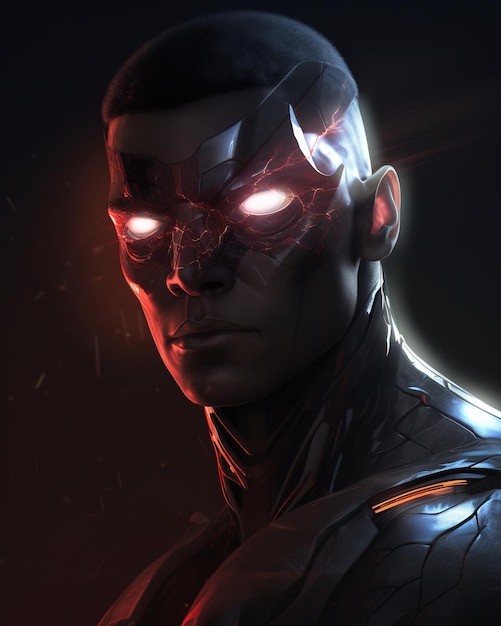 A superhero with red eyes and glowing eyes