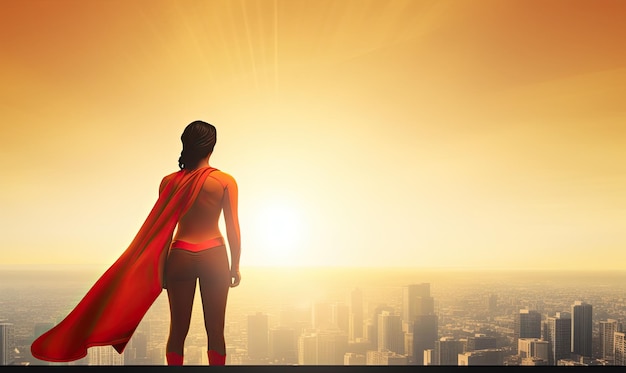 Superheroine watching over a metropolis from above Creating using generative AI tools