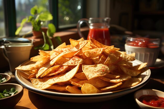 Photo superior view of chips on the plate with ketchup sauce generative ia