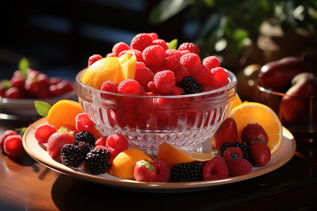 Foto vista superiore frutta fresca matura dolce all'interno del piatto sul tavolo generativo ia