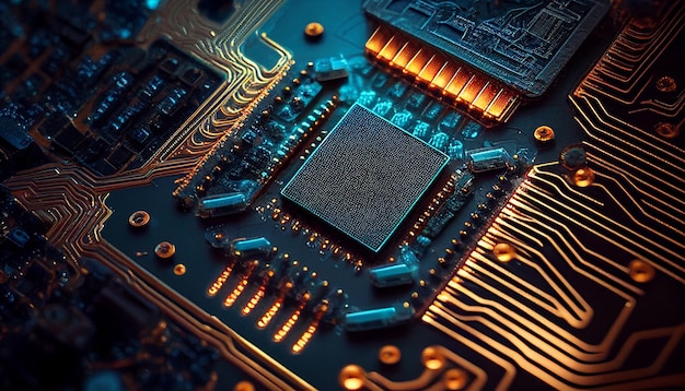 Supermacro gloeiende computerchip en CPU-moederbordtechnologie printplaat Generatieve AI