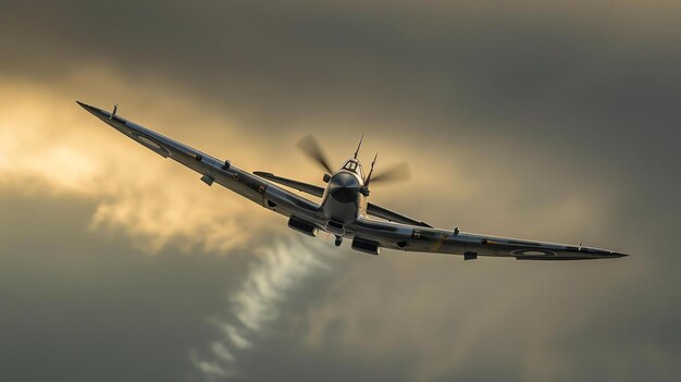 A Supermarine Spitfire a British singleseat fighter aircraft is flying in the sky The plane is flying at a high speed and is surrounded by clouds
