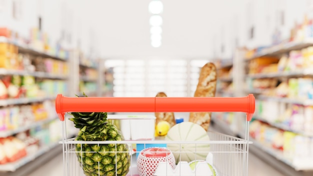 Supermarket aisle with empty red shopping cart 3d illustration rendering