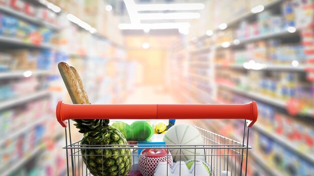 Supermarket aisle with empty red shopping cart 3d illustration rendering