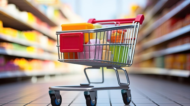 Supermarket aisle with empty red shopping cartSupermarket aisle with empty red shopping cart