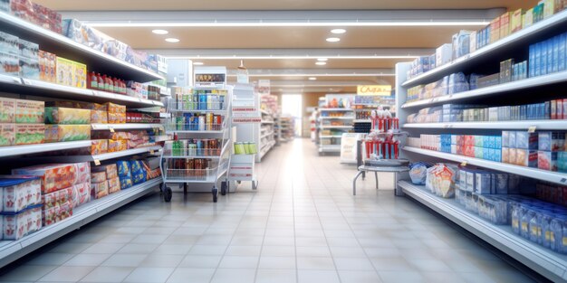 supermarket aisle with products on the colorful shelves