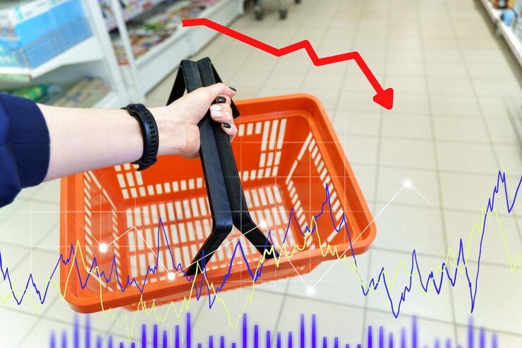 Фотография инфографика стрелок супермаркета показывает изменение стоимости продукции селективный фокус