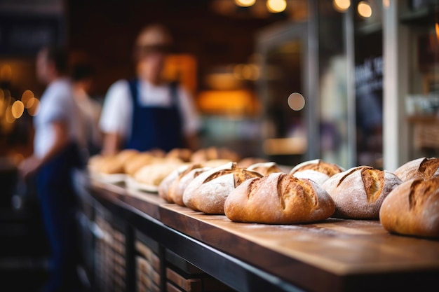 Supermarket bakery shelf featuring a selection of delicious breads