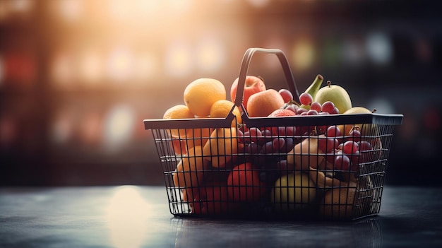 Supermarket Basket Full of Fruits and Vegetables with Copy Space