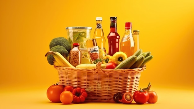 Корзина супермаркета с продуктами питания в правильном положении на желтом фоне Generative Ai