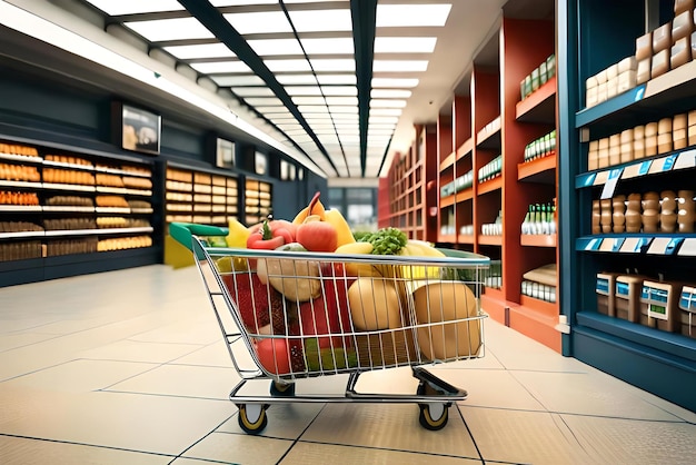 корзина супермаркета с значком местоположения в реалистичном 3D-рендере концепции покупок рыночных покупок