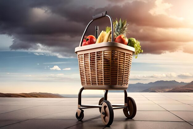 supermarket basket with location icon in realistic 3d render shopping concept market shopping