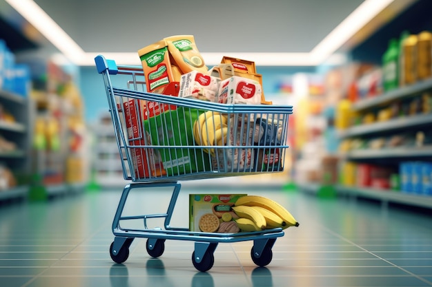 Supermarket cart filled with food in the aisle